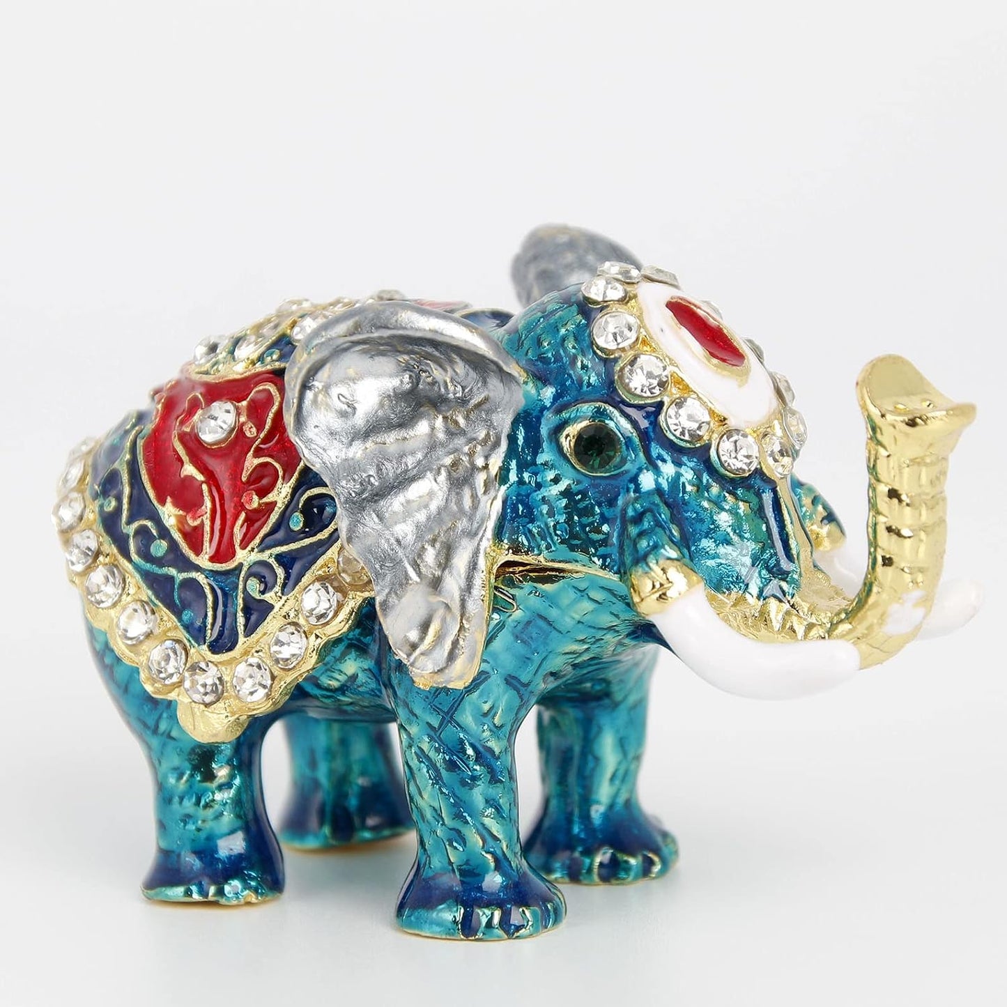 Caja baratija elefante azul con bisagras pintada a mano