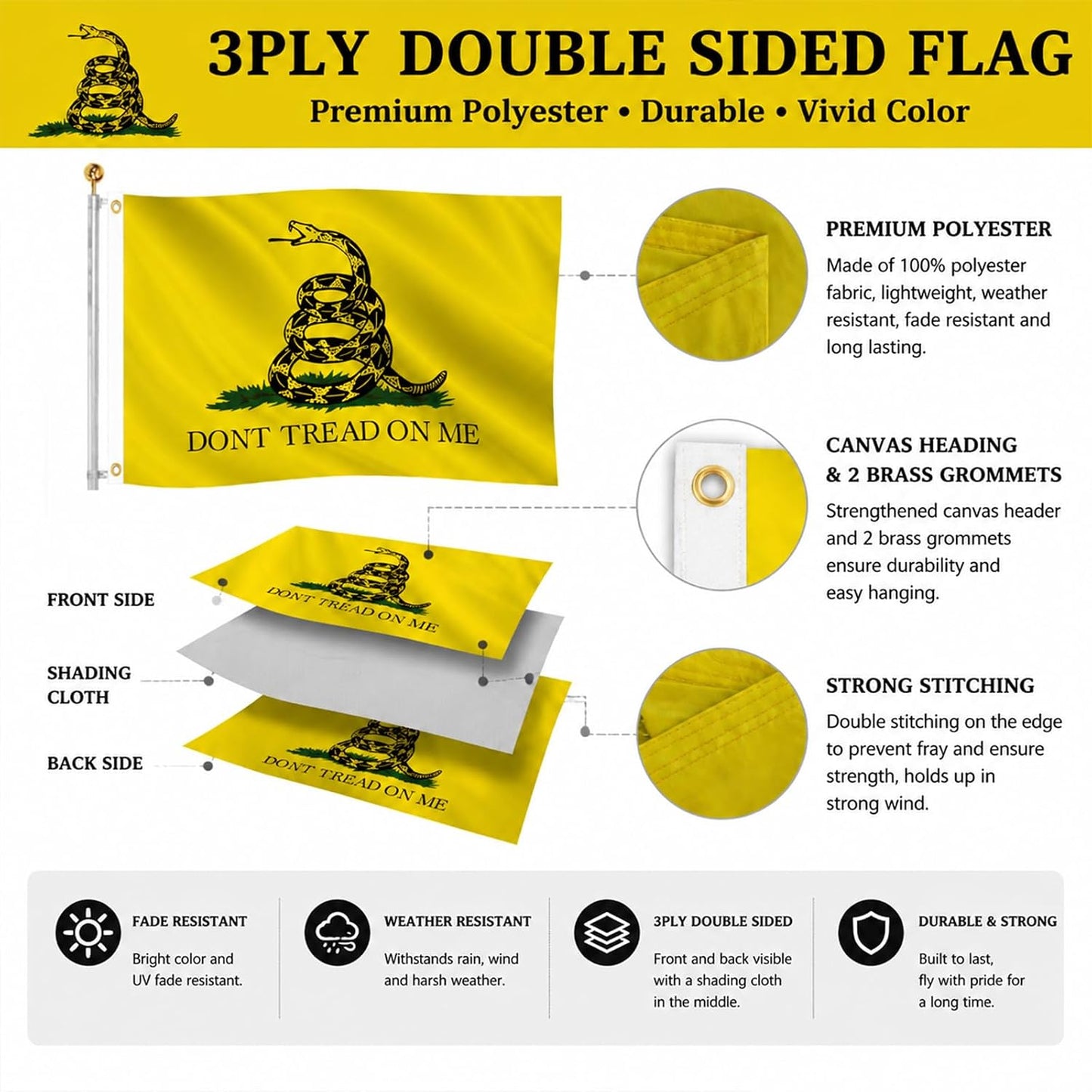Bandera Gadsden 2x3ft doble cara resistente UV