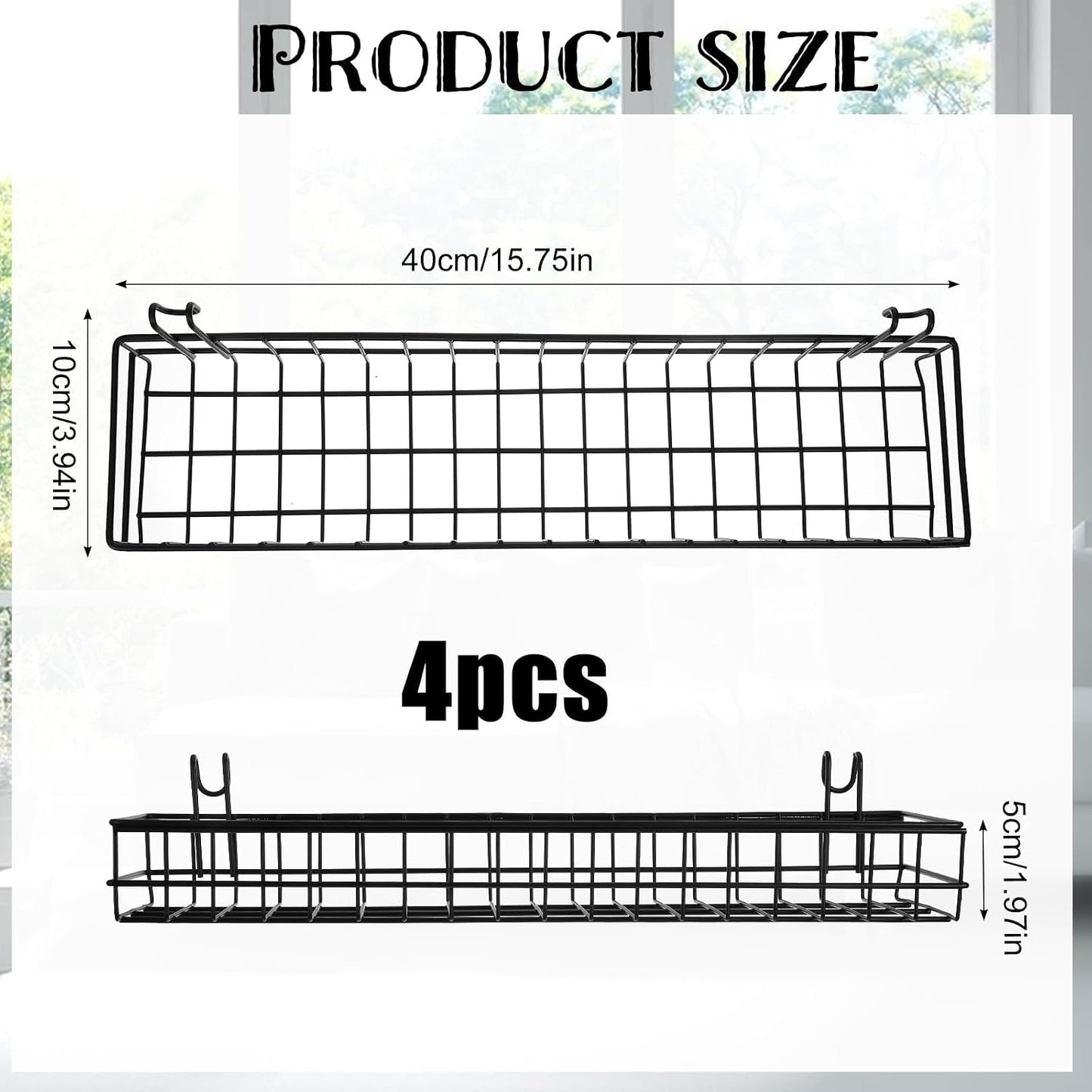 4 Cestas Pared Rejilla Metal 15.75x3.94" con Ganchos Negro