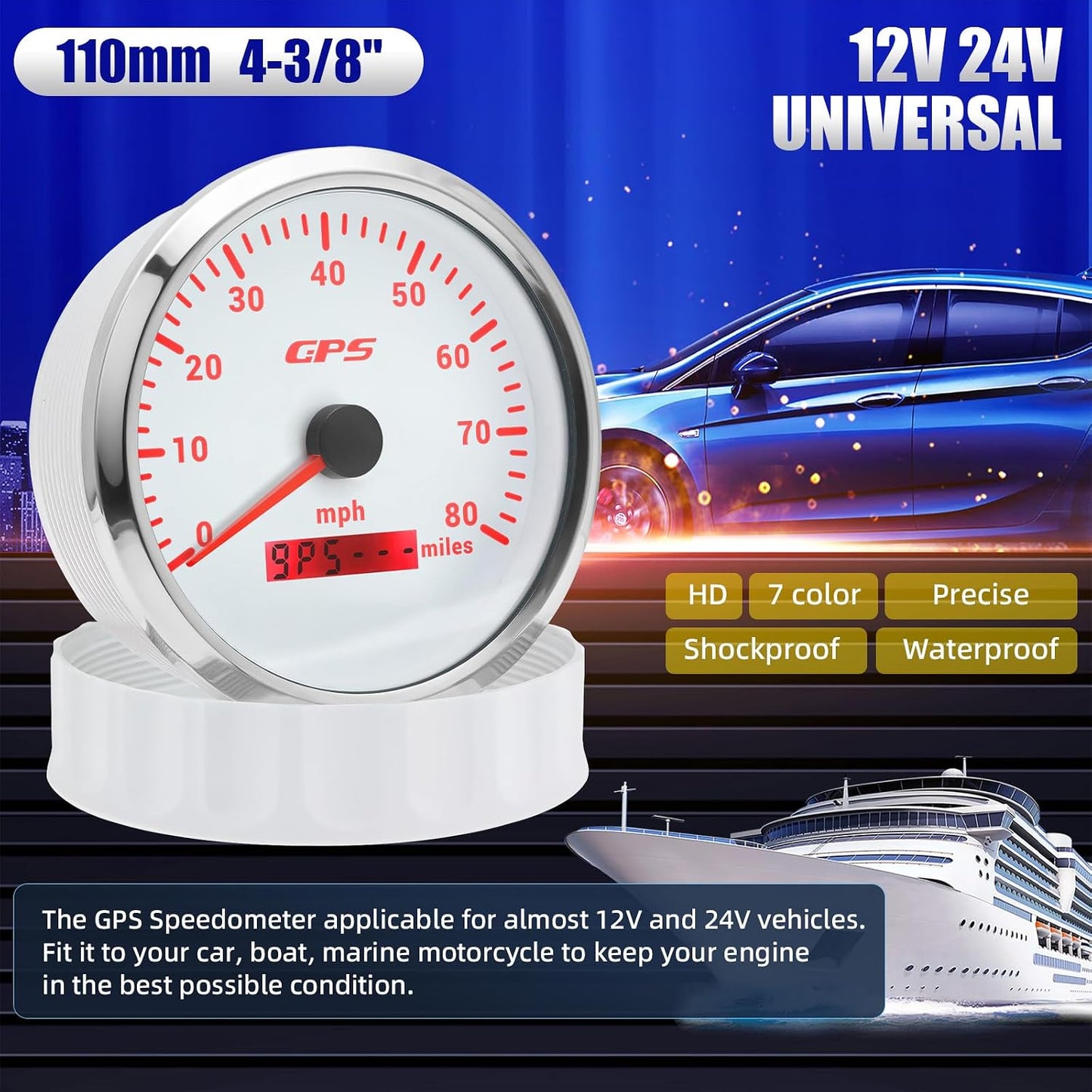 Velocímetro GPS barco 4.33" 80mph antena auto marino blanco
