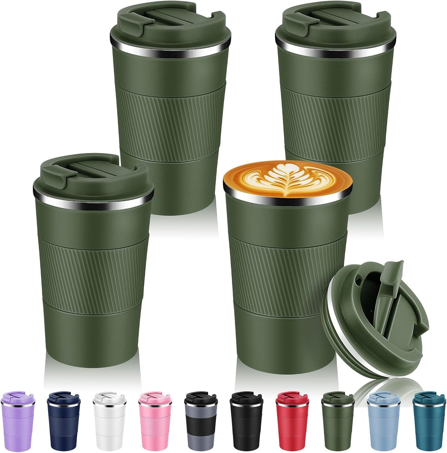 Taza café viaje acero inox 13oz doble pared 4uds verde militar