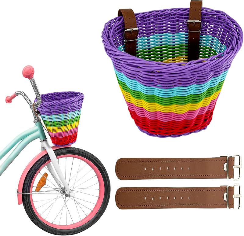Cesta bicicleta niño tejida a mano morado 2 correas cuero