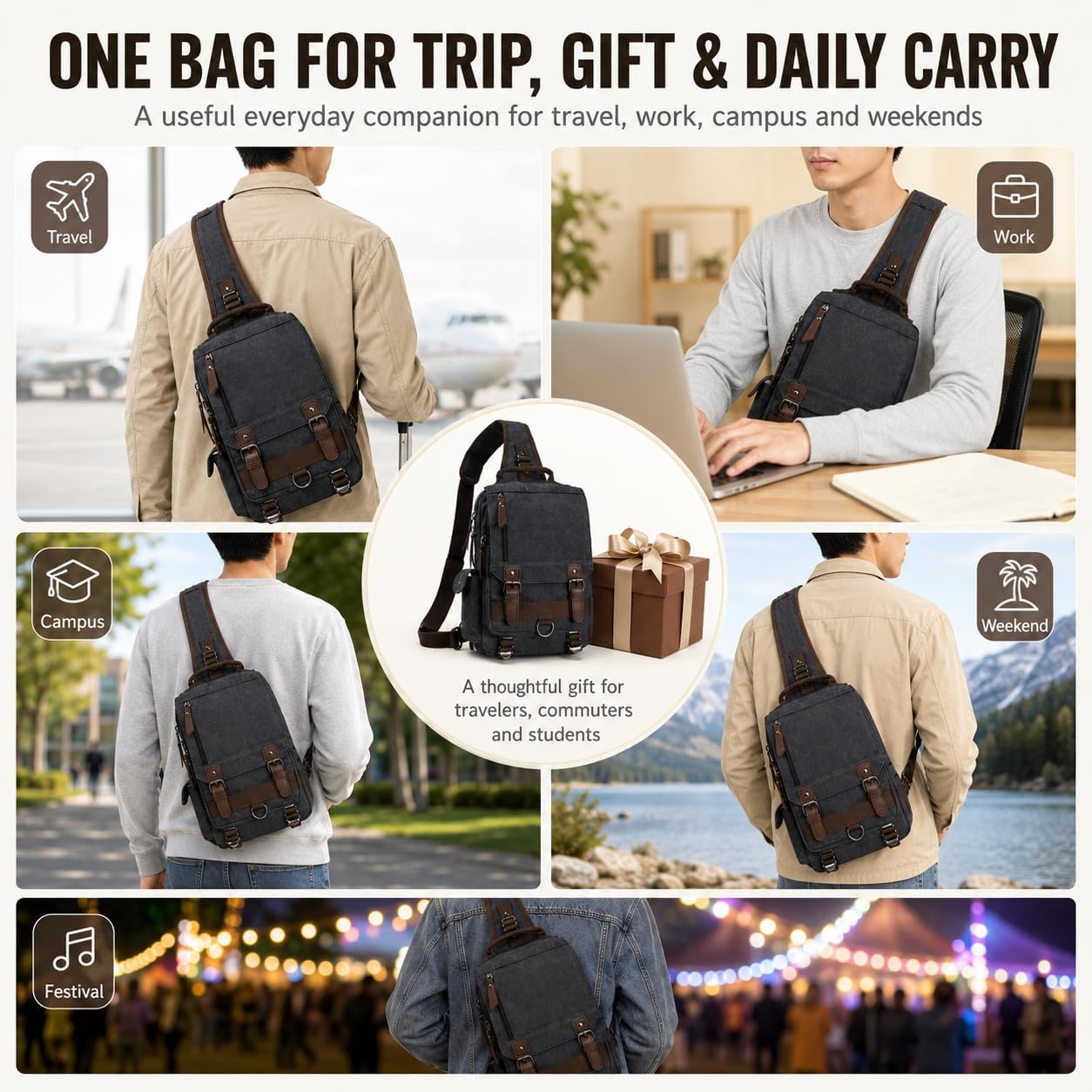 Bolso bandolera retro de lona asa cruzada hombre mujer