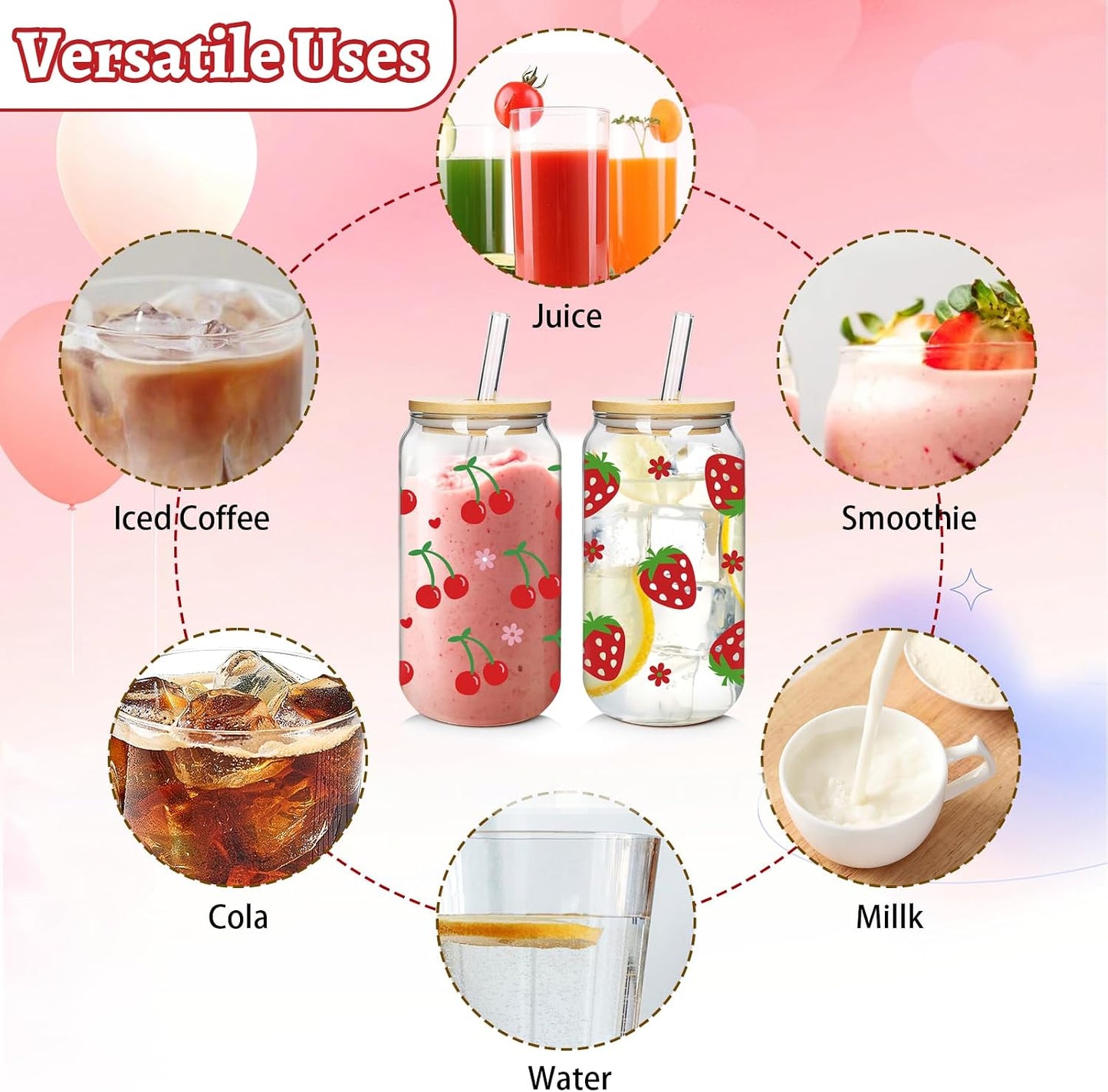 Taza vidrio con tapa y pajita 18oz set 2 regalo San Valentín