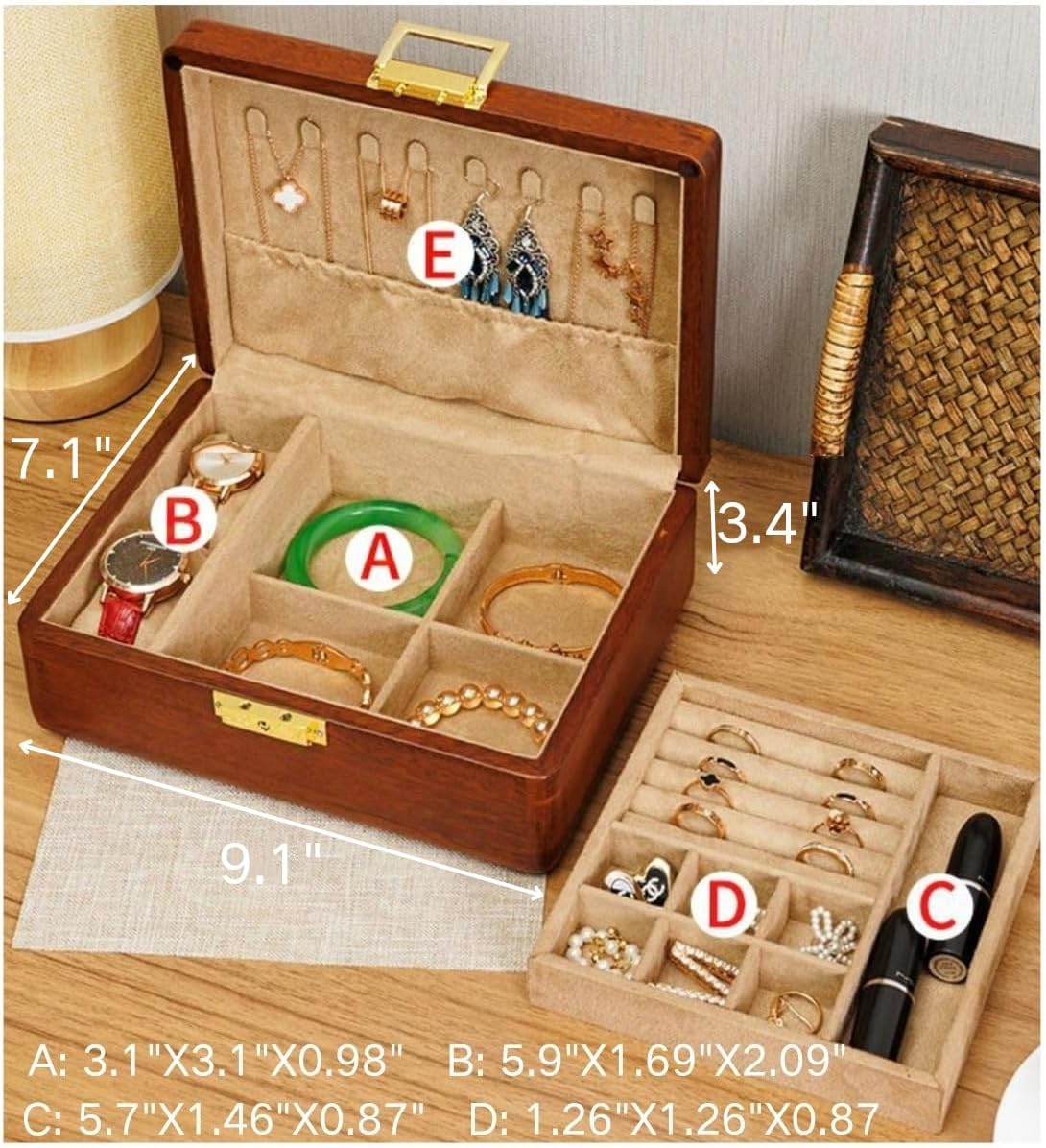 Joyero madera maciza 2 capas cerradura llave