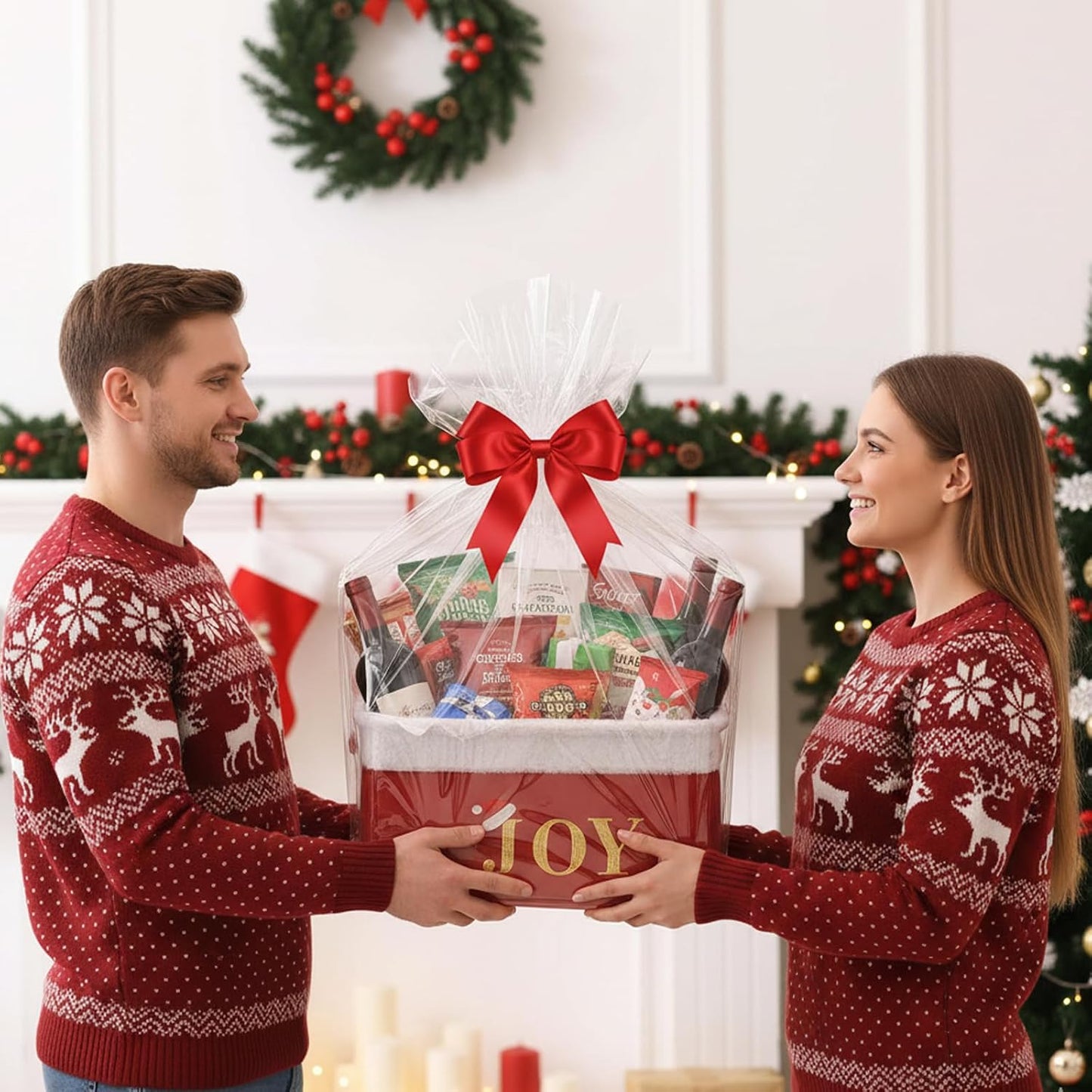 Cesta Navidad roja con asas para regalos bebé