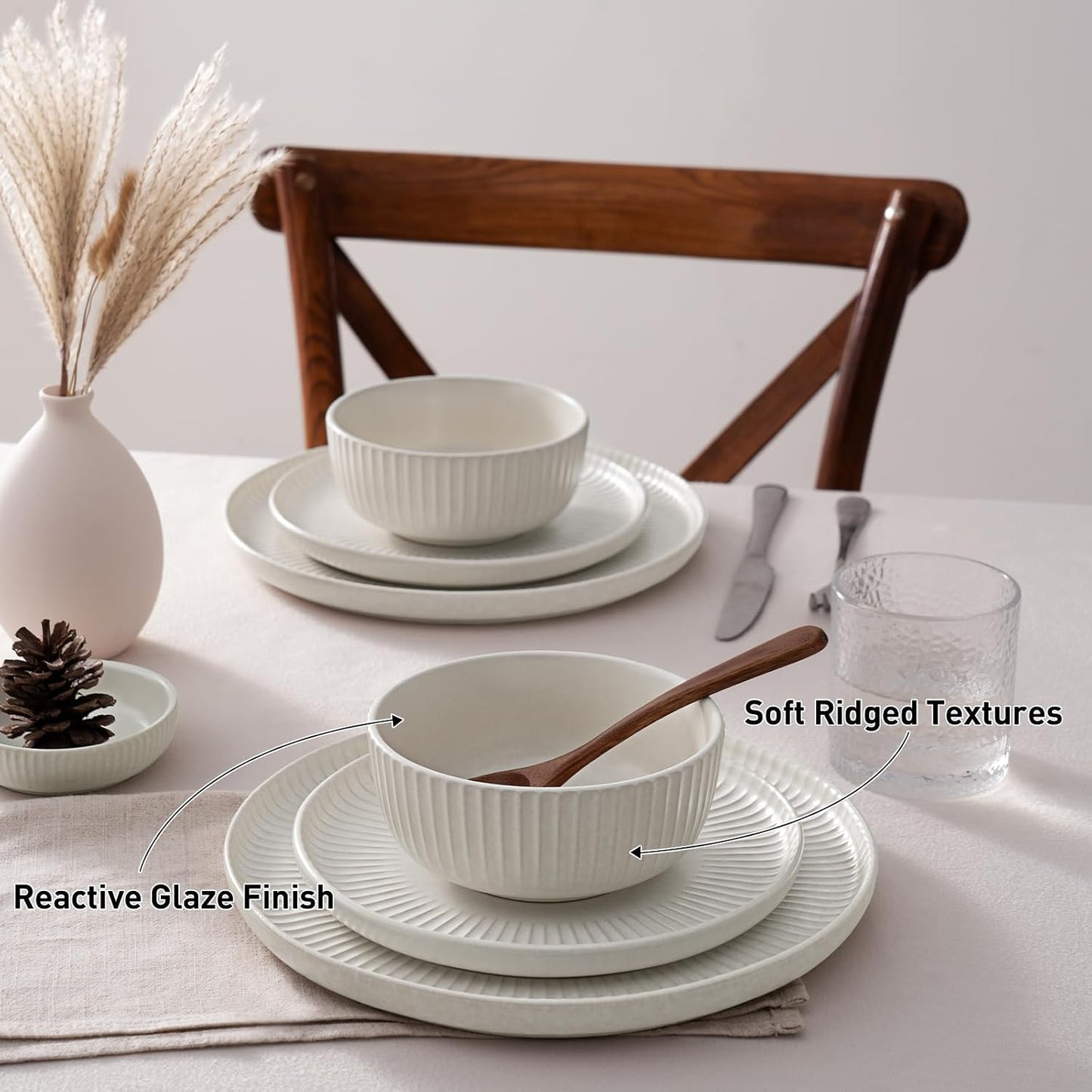 Set 24 Pzas Vajilla Gres Textura Acanalada Blanco
