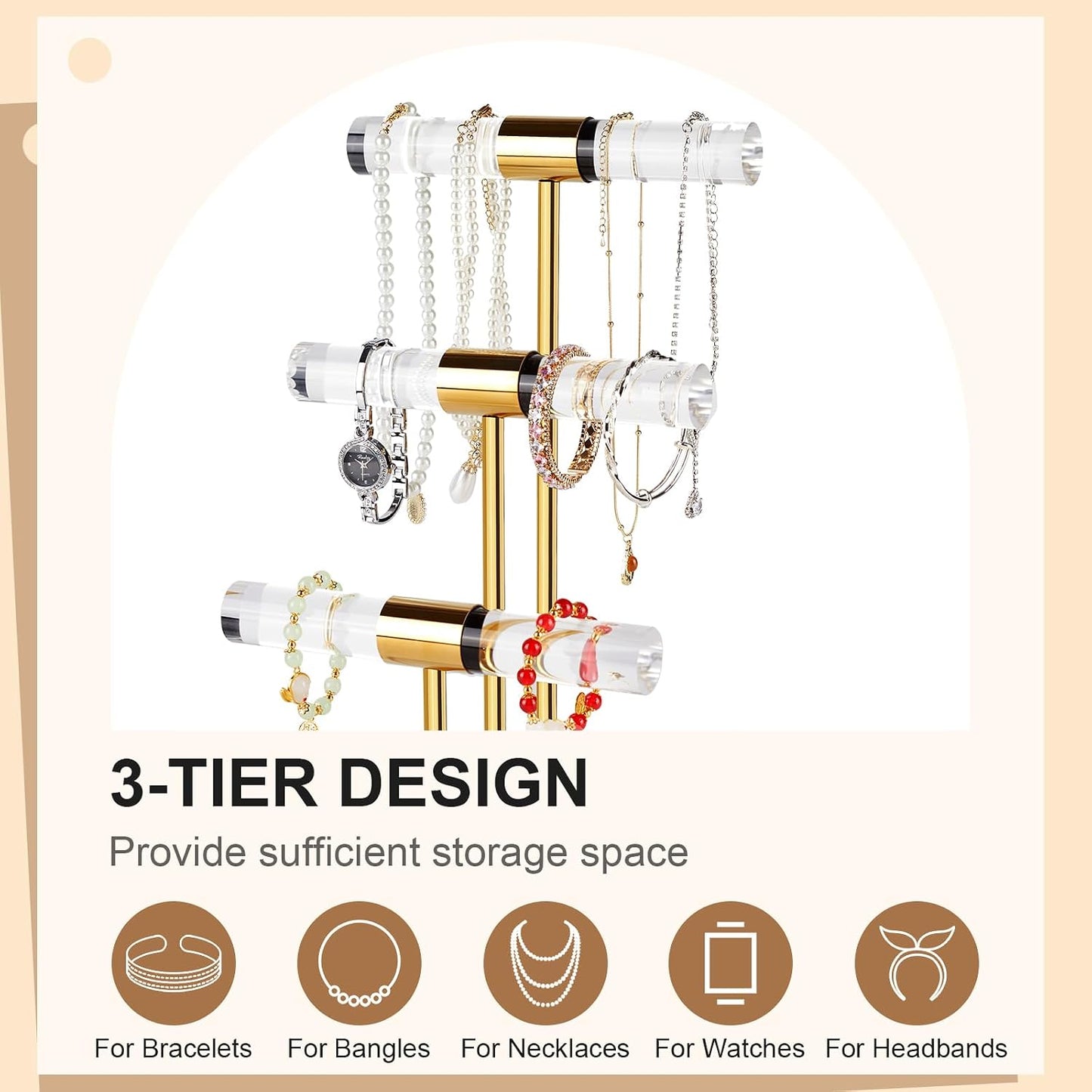 Soporte joyas acrílico dorado barra T cristal
