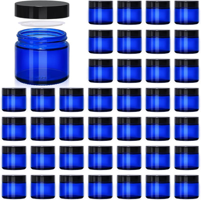 Tarros vidrio azul 2oz con tapas set 40 para cosméticos sellables