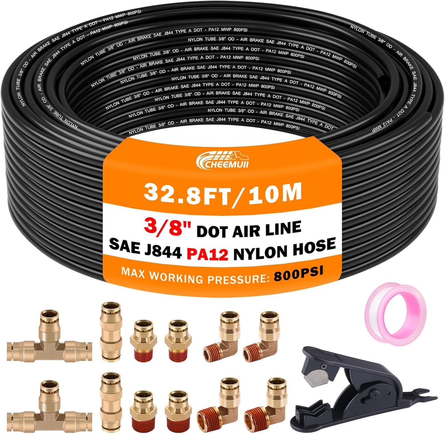 Accesorios aire DOT latón 3/8 con tubería PA12 32.8ft