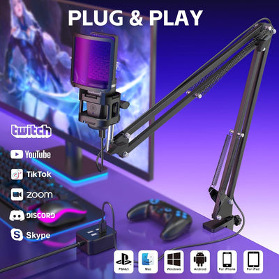 Micrófono USB condensador con cancelación de ruido RGB para PC PS4
