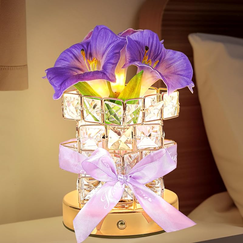 Lámpara mesa morada con flores artificiales recargable