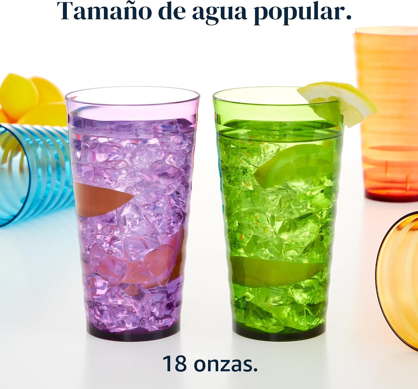 Set 16 vasos plástico 18oz tono joya reutilizables sin BPA