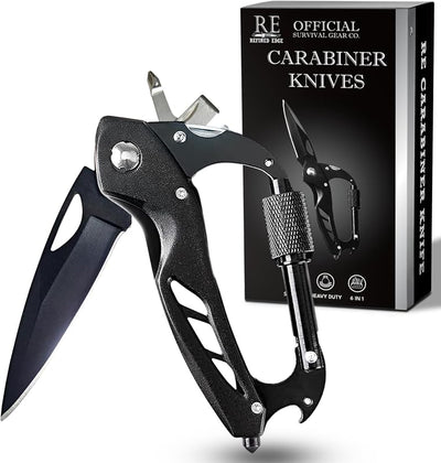Mosquetón cuchillo EDC supervivencia rompecristales negro