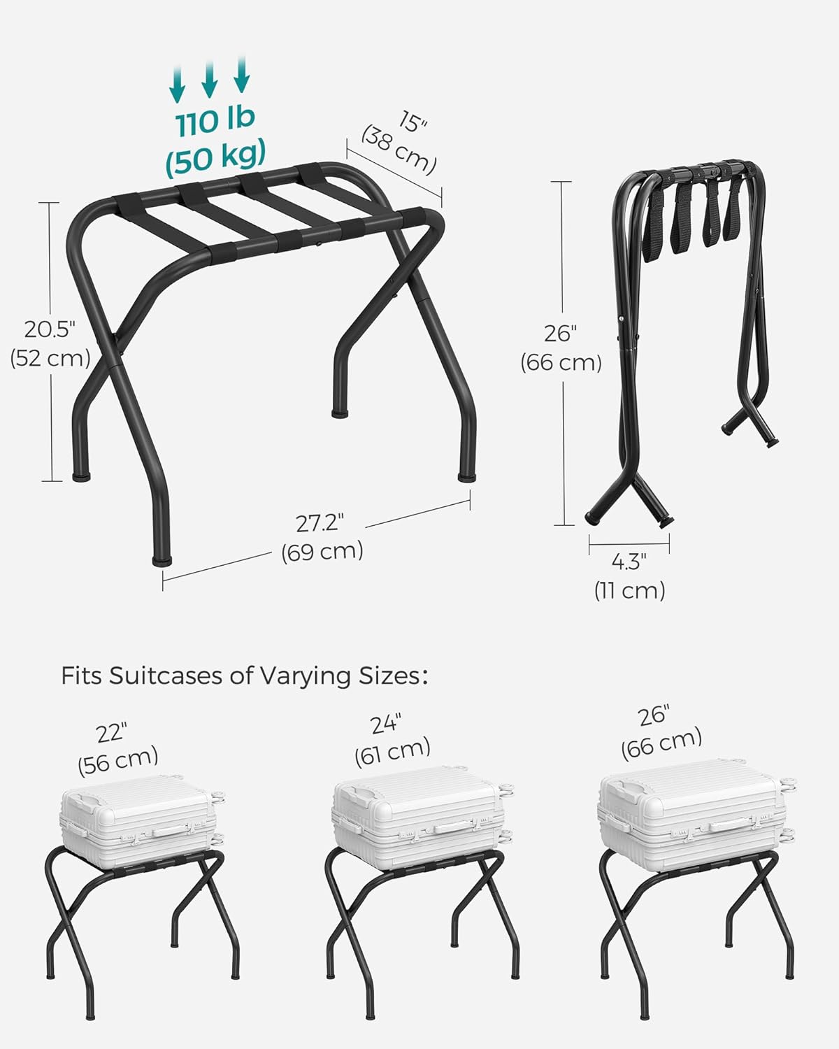 2 Soportes Maleta Acero Plegable 27x15x20" Negro