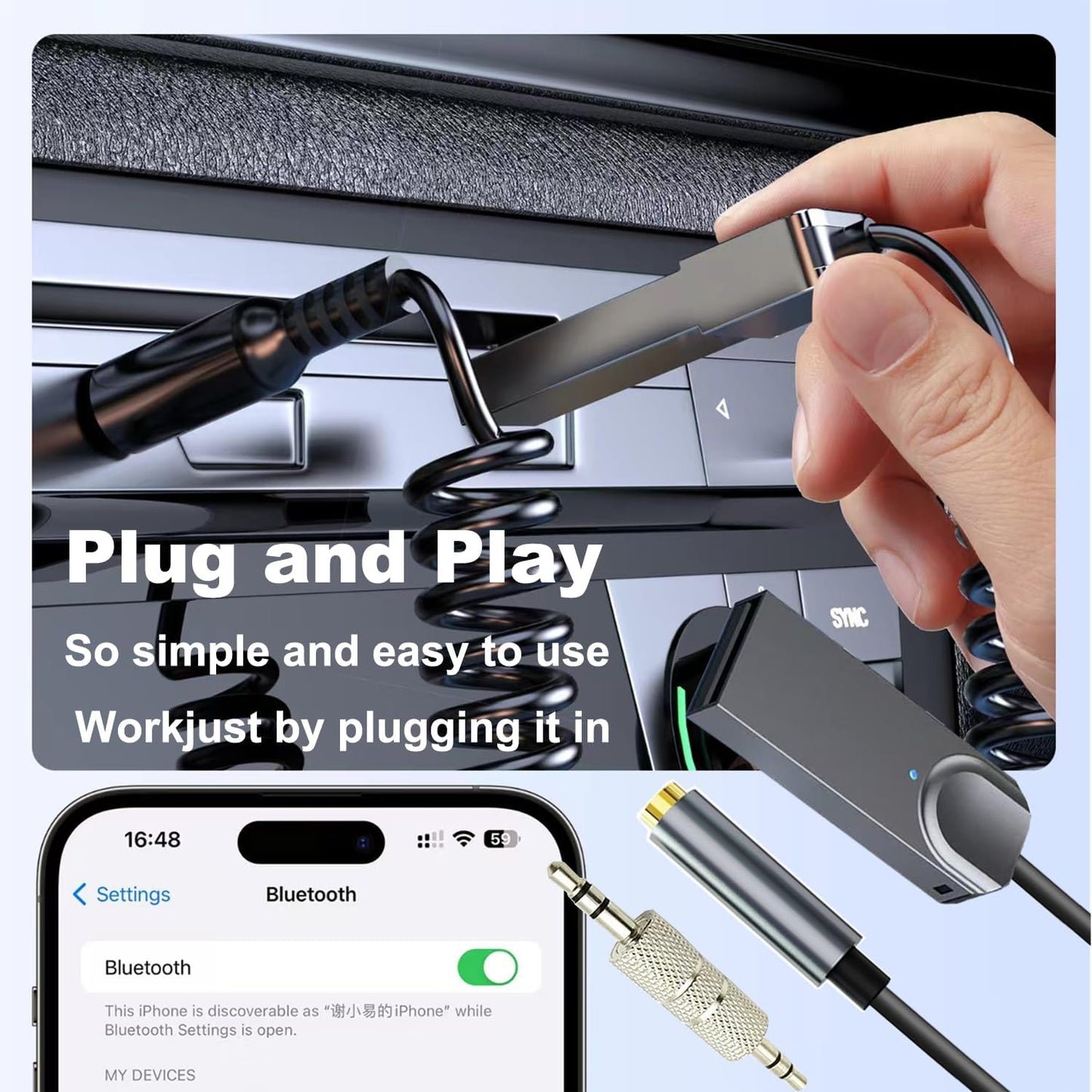 Receptor Bluetooth 5.3 para coche con USB y manos libres