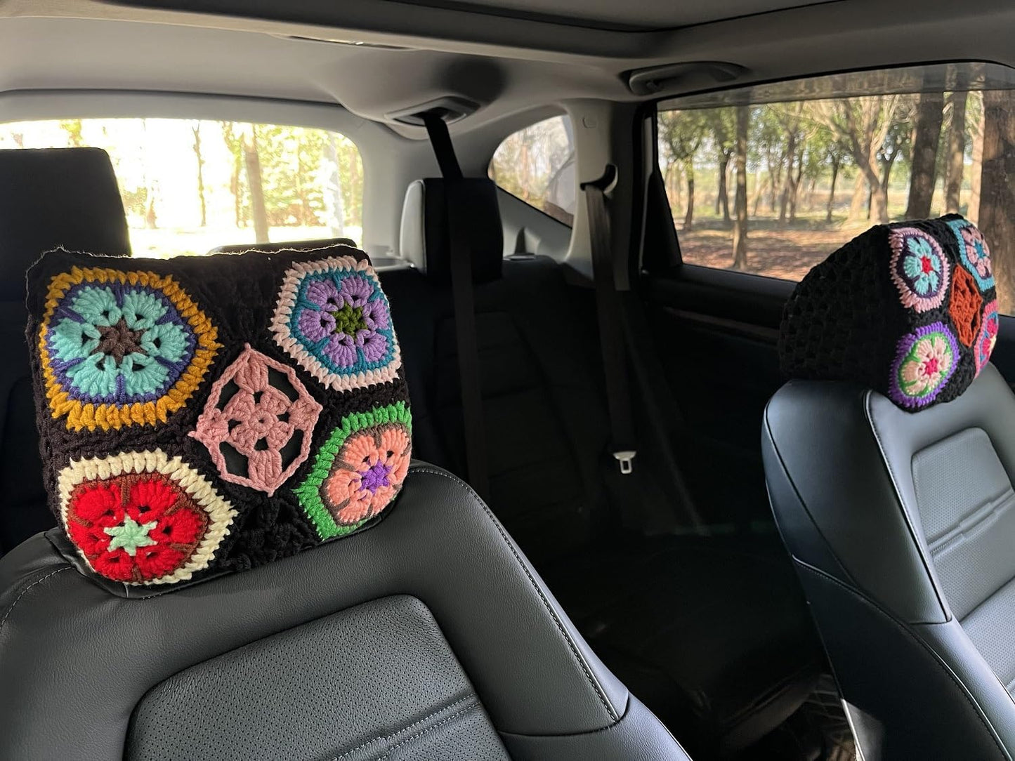 2 fundas reposacabezas auto ganchillo flor negra