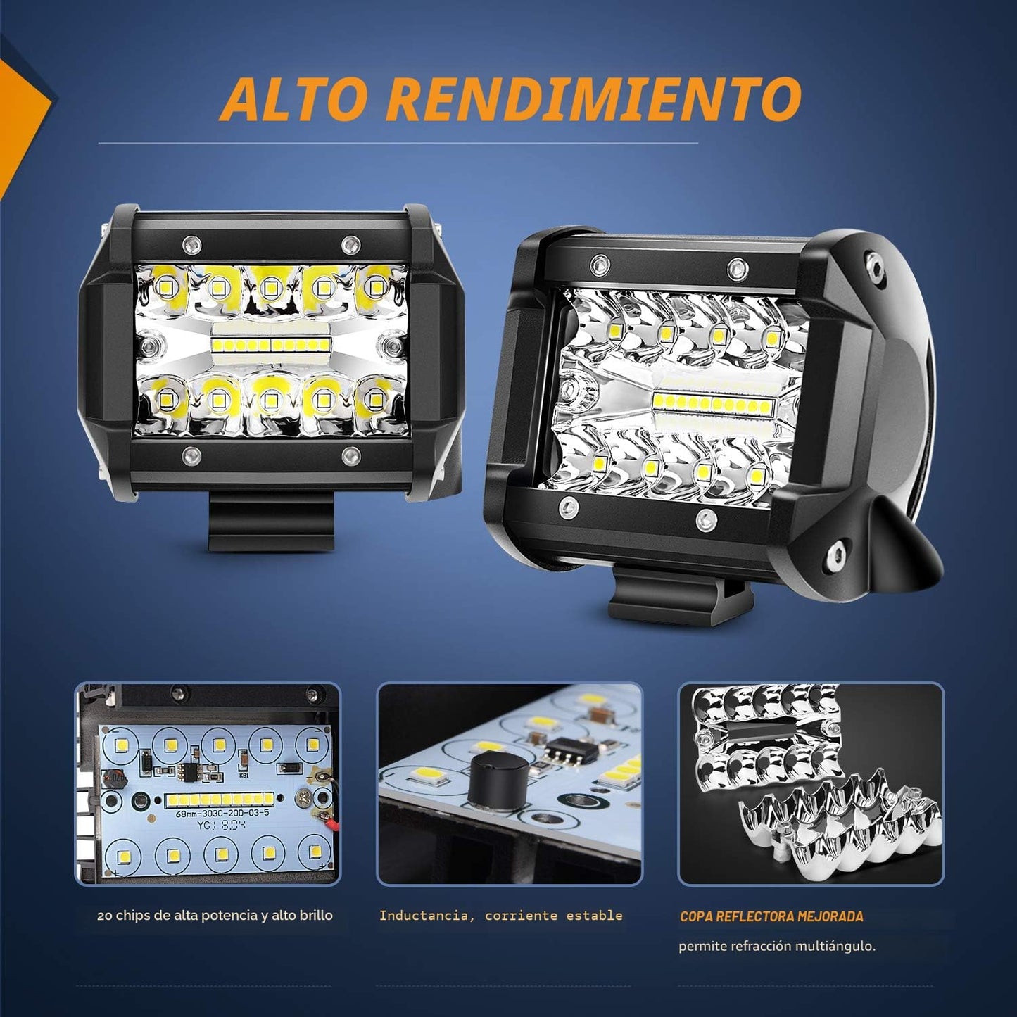 Barra luz LED 2uds 60W 4" con kit cable 12pies