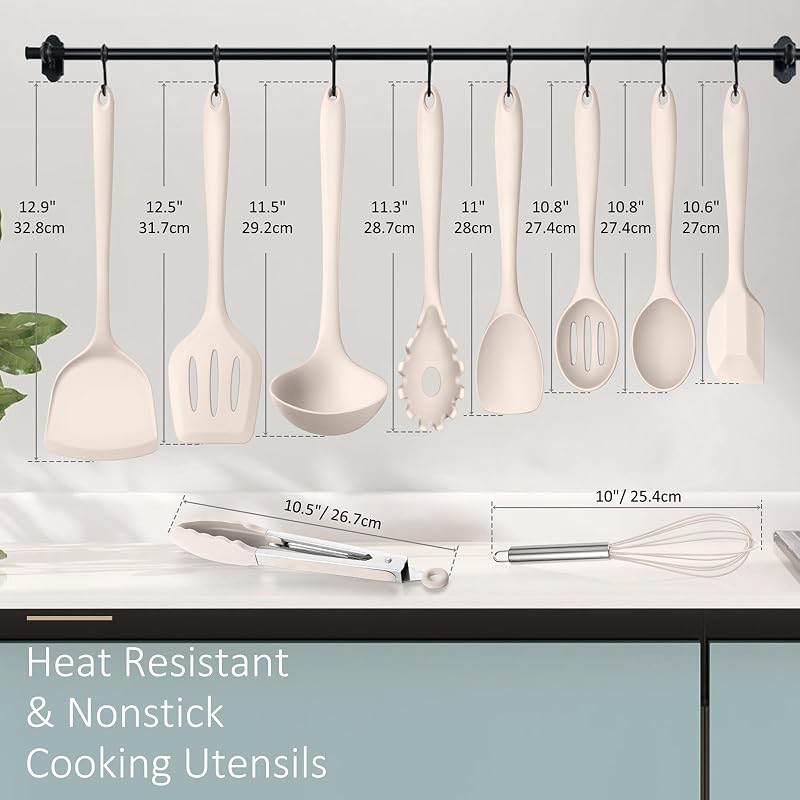 Set 10 Utensilios Silicona Cocina 446°F Espátula Giratoria Caqui