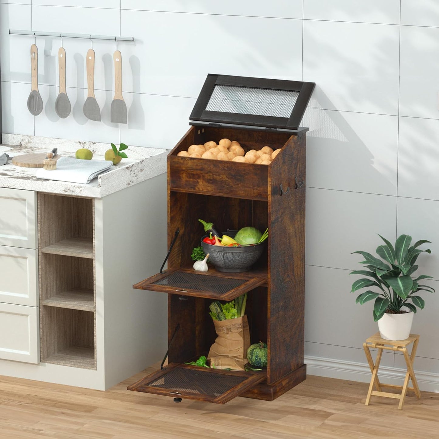 Papelera madera tapa ventilada gran capacidad marrón