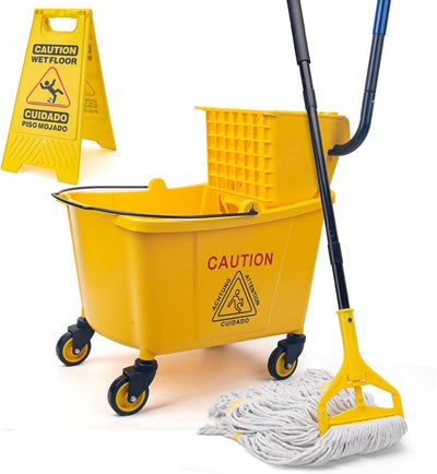 Juego cubo comercial 35qt escurridor amarillo trapeador industrial