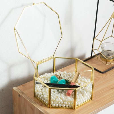 Joyero cristal octágono dorado decoración hogar con tapa