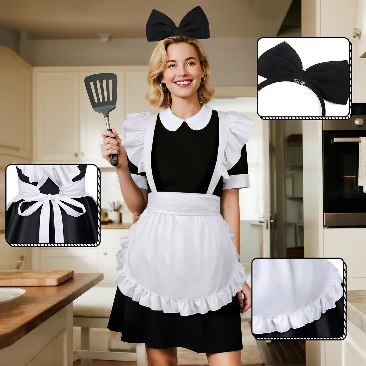 Delantal blanco mujer diadema lazo fiesta halloween