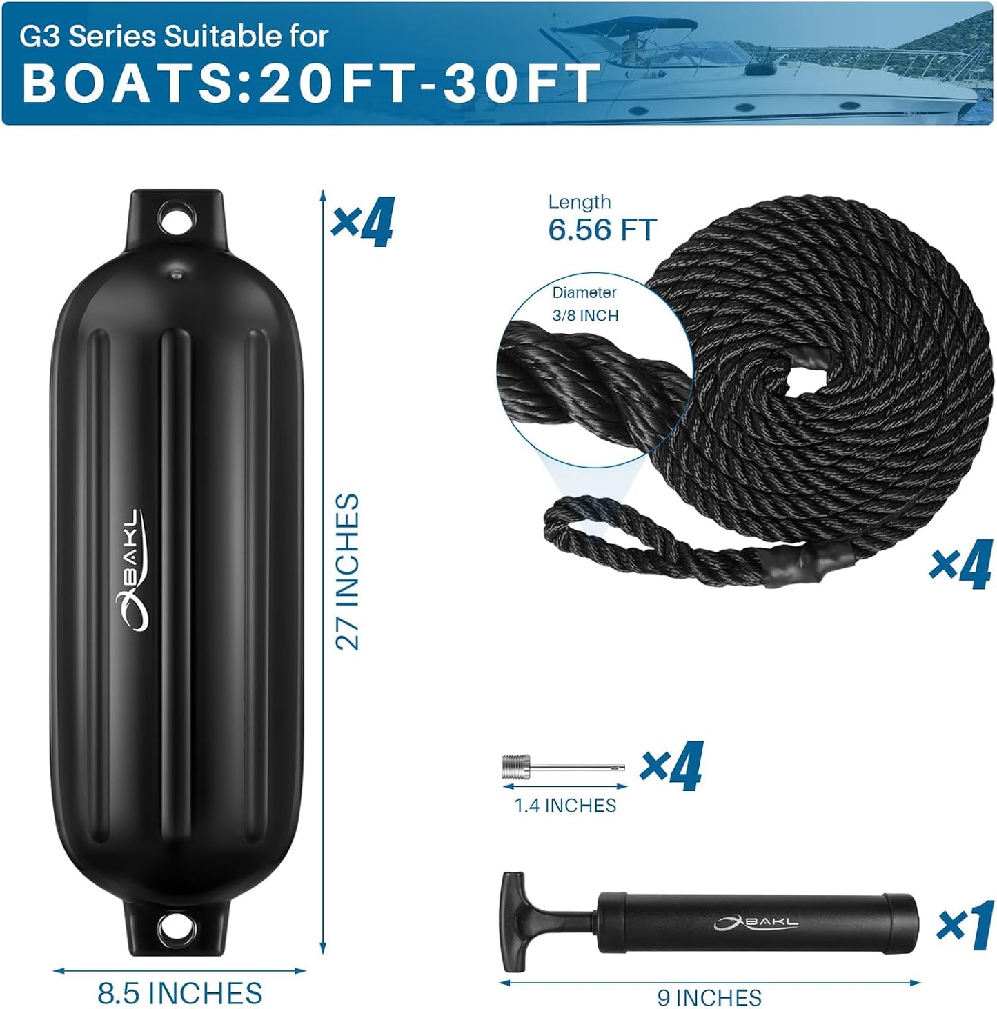 Defensas barco 8.5x27pulg set 4 con cuerdas y bomba