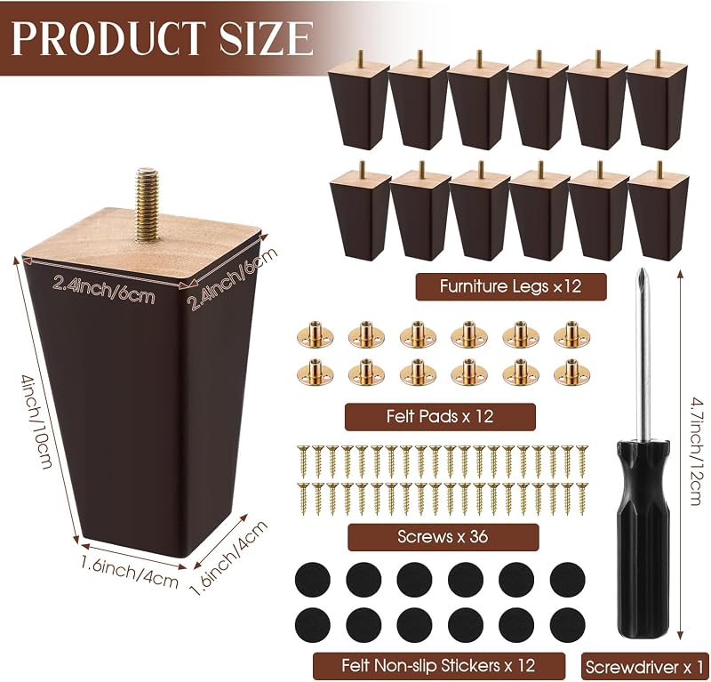 Set 12 patas madera cuadradas para sofá mesa 4pulg marrón