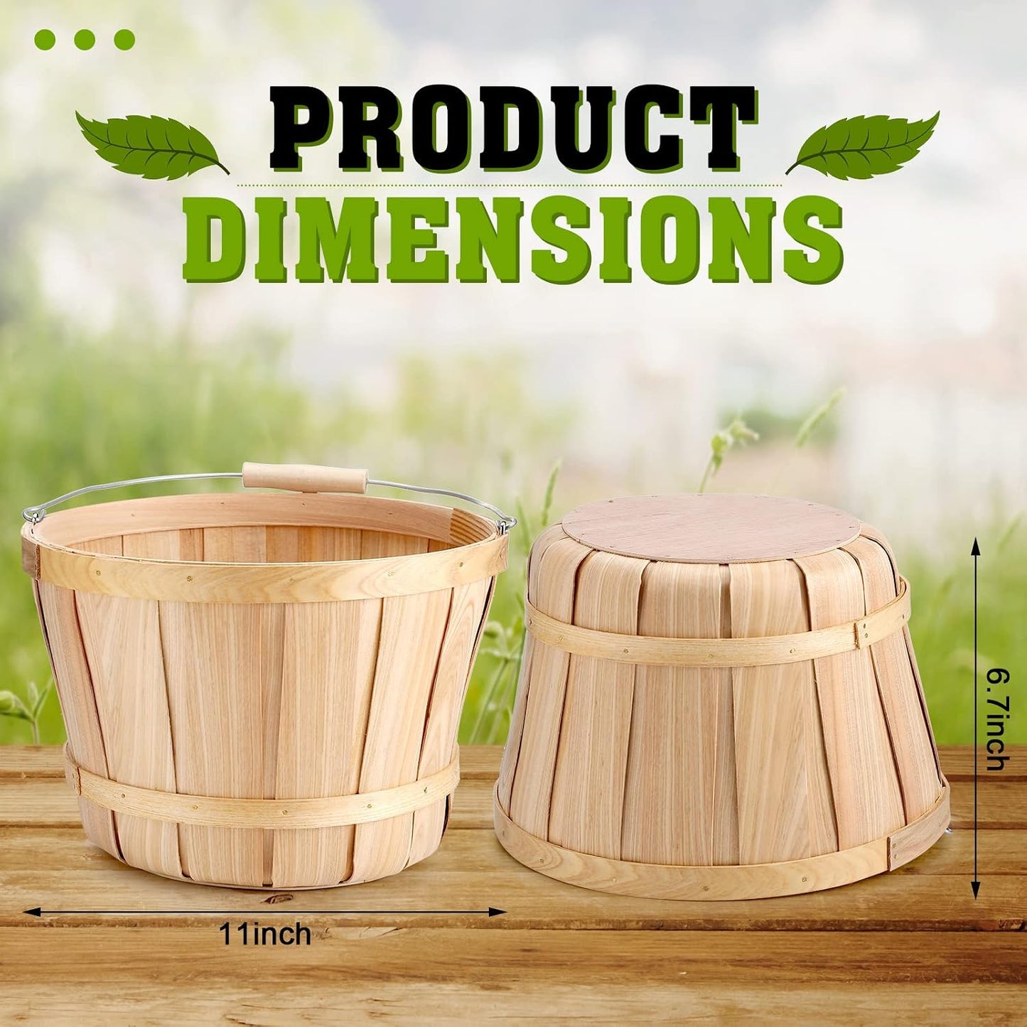 6 Cestas Redondas Madera 11x6.7" Asas Uso Interior Exterior
