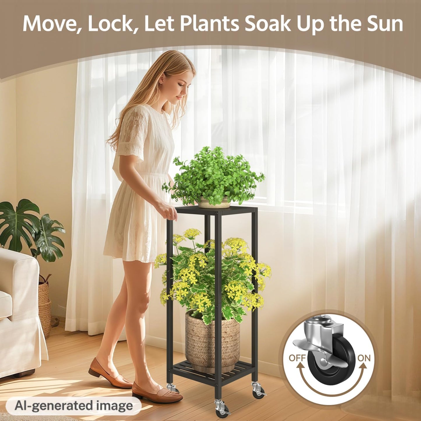 Soporte plantas hierro negro 2 niveles rueda para maceta