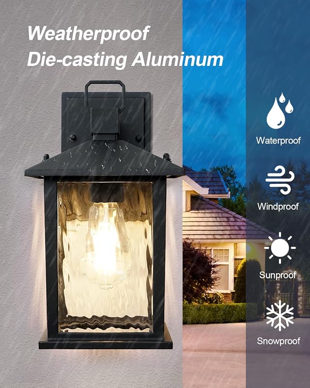 Luz porche 12pulg negra mate vidrio ondulado exterior