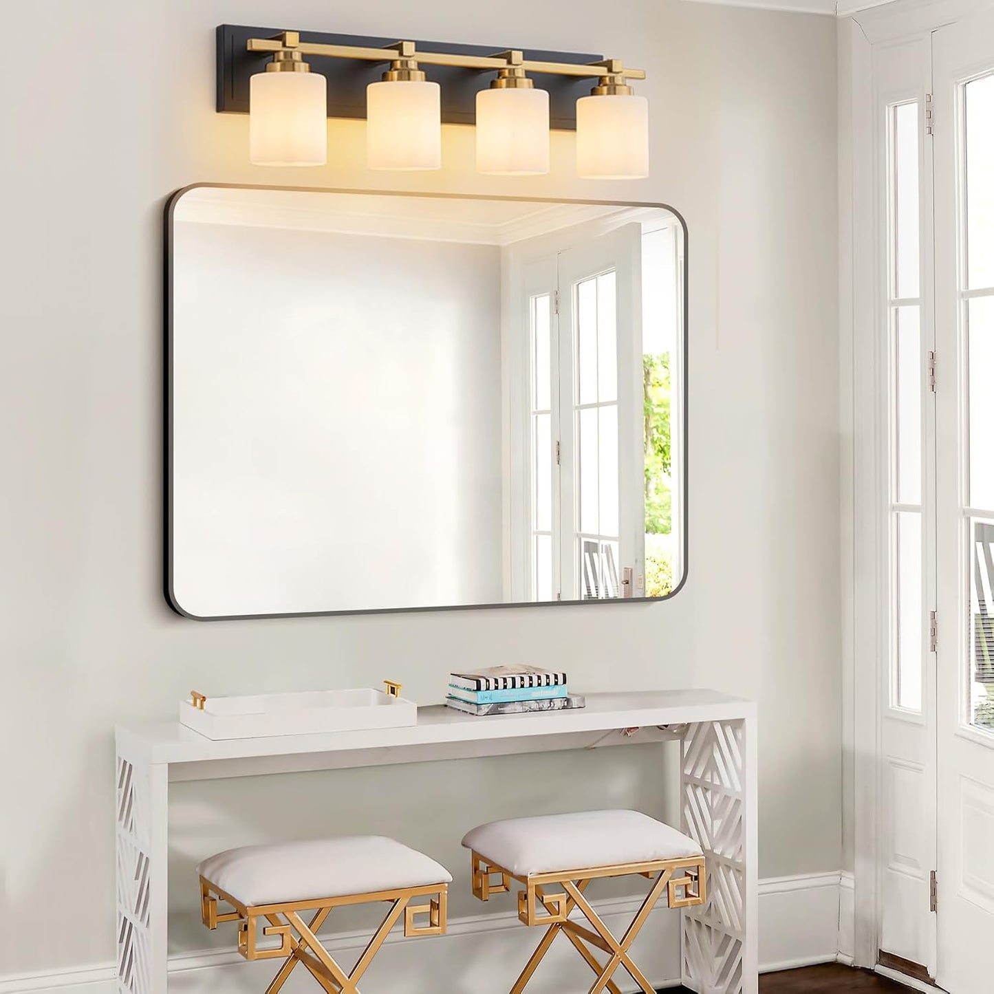 4 Luces baño modernas oro negro con soporte vidrio blanco