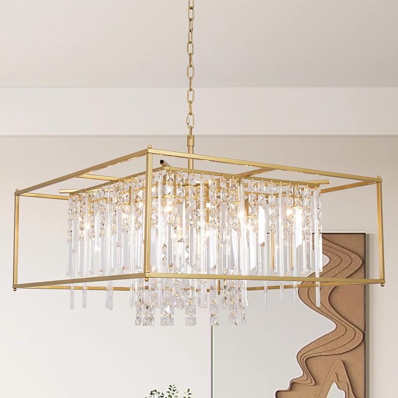Candelabro cristal 8 luces cuadradas dorado cocina sala