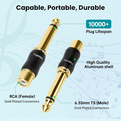 Adaptador RCA a 1/4pulg set 2 TS mono macho a RCA hembra oro