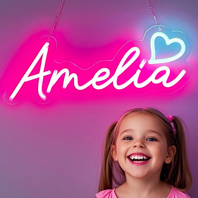 Letrero neón Amelia con luz LED rosa y corazón azul hielo