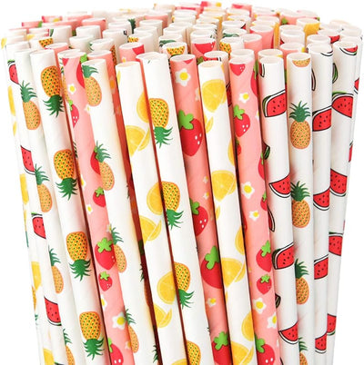 200 Pajitas Papel Estampado Fresa Piña 7.75pulg para Cóctel