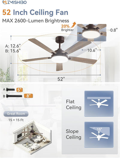 Ventilador techo 52pulg control remoto LED 6 velocidades motor CC