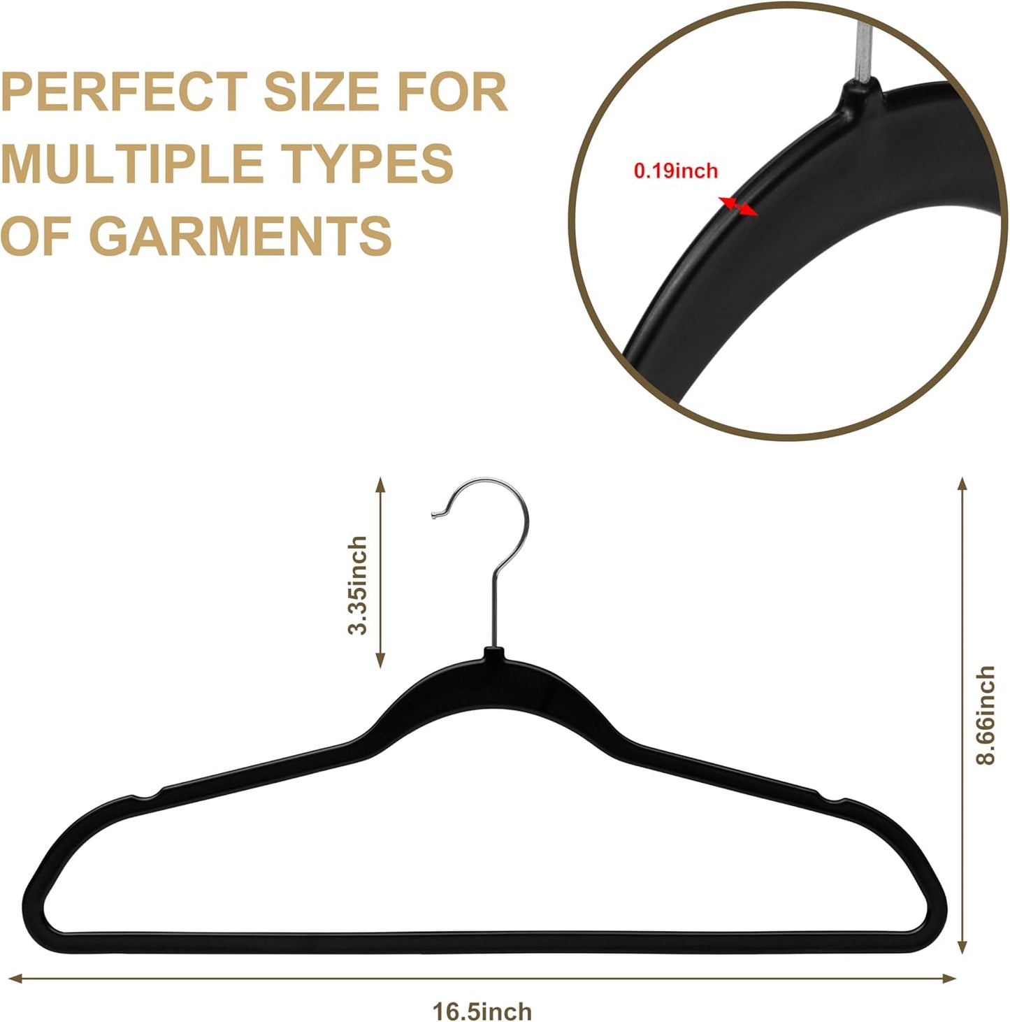 50 Perchas Plástico Negro 16.5" Gancho Cromado Giratorio