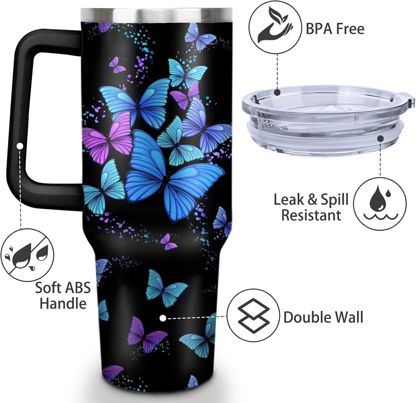 Vaso mariposa acero inox 40oz con tapa y pajilla