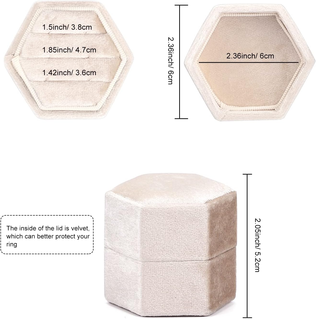 Caja terciopelo anillo 3 ranuras hexagonales vintage beige