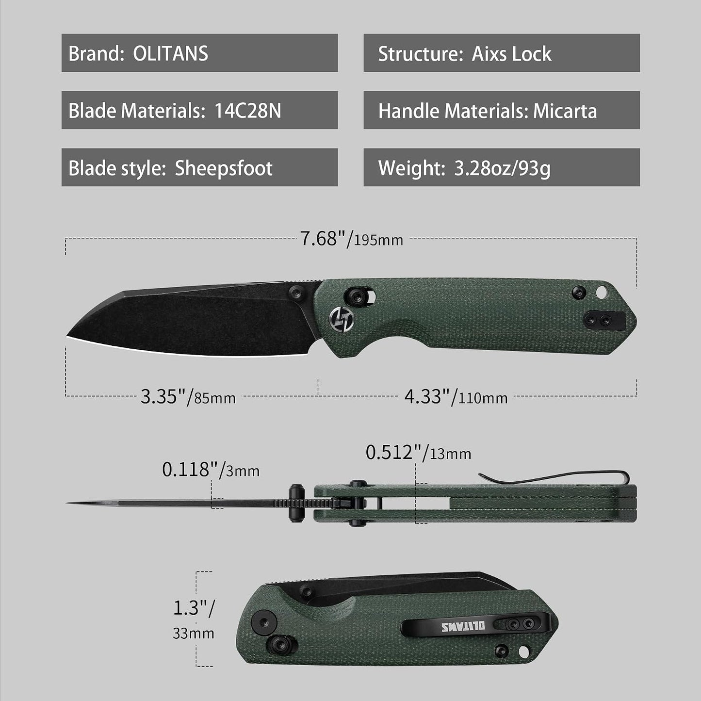 Cuchillo EDC acero 14c28n bloqueo barra verde