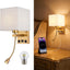 Aplique pared con USB pantalla tela blanca dormitorio sala