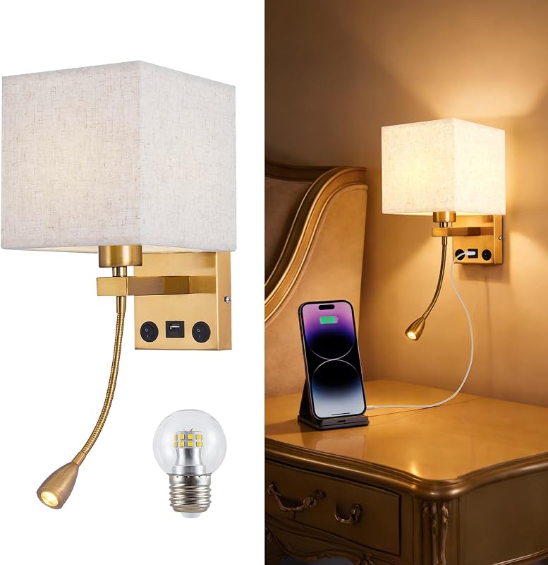 Aplique pared con USB pantalla tela blanca dormitorio sala