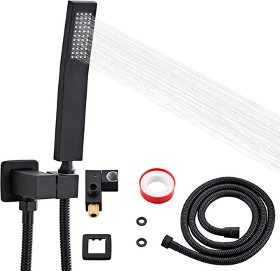 Cabezal ducha de mano cuadrado negro mate con conector pared