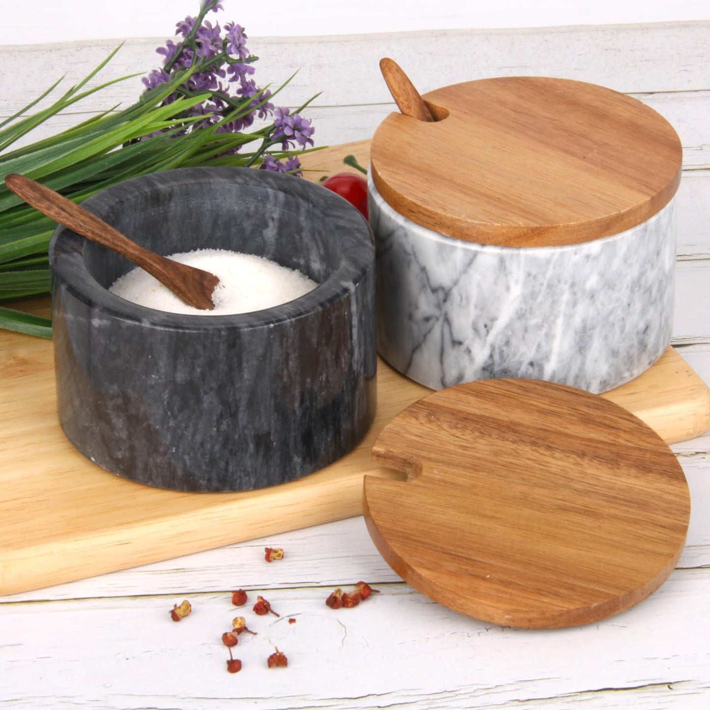 Caja sal mármol con tapa cuchara madera recipiente especias