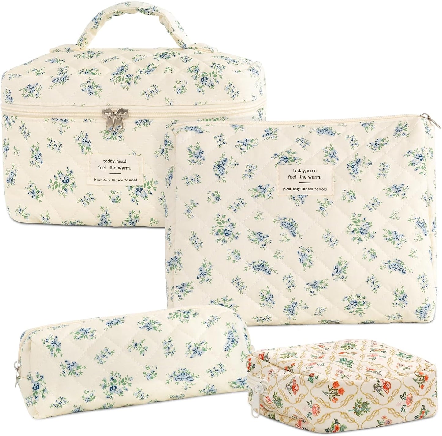 Set 4 bolsas maquillaje acolchada floral viaje mujer niña