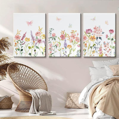 3 Pzas Acuarelas Lienzo Flores Colorido Pared Rosa Amarillo