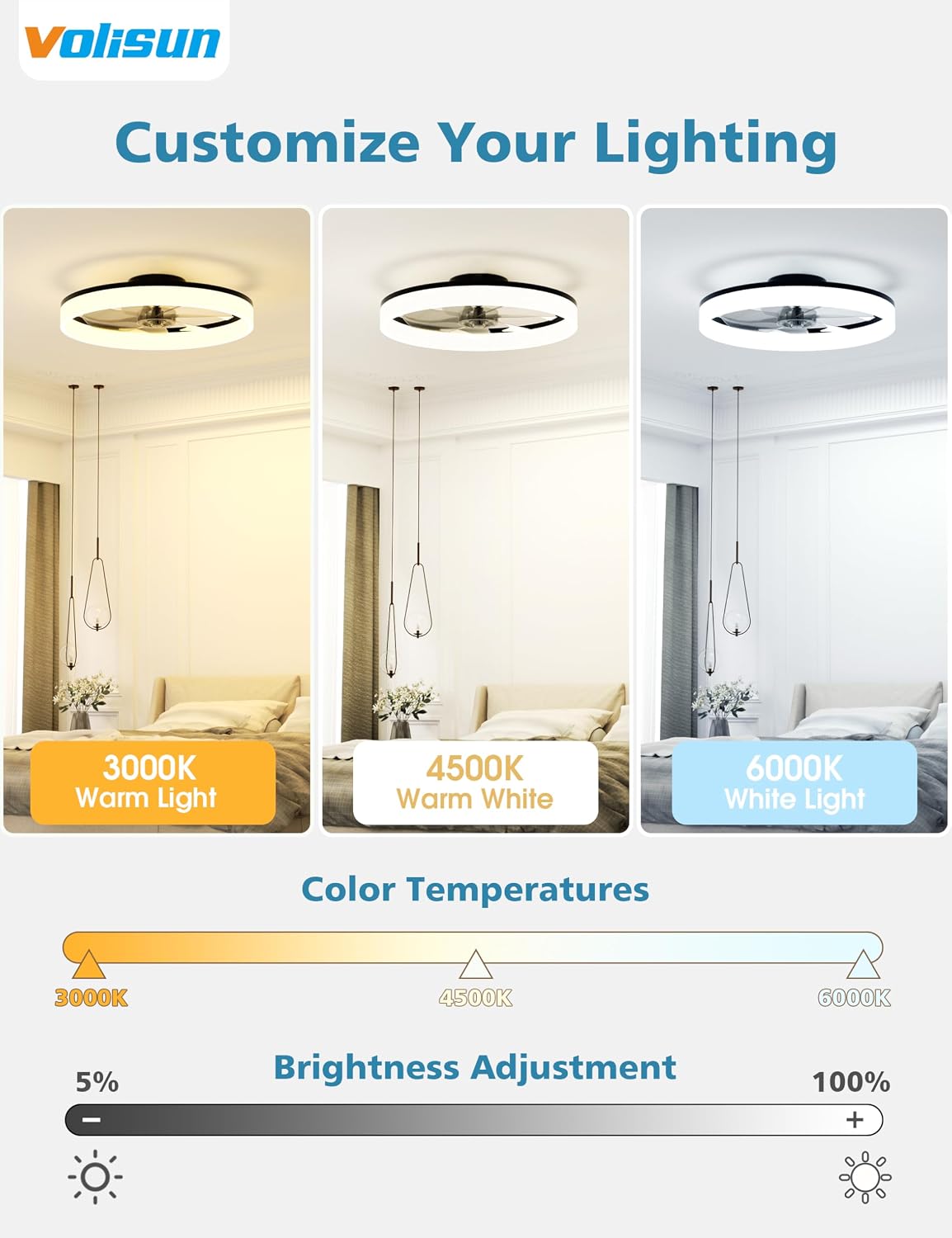Ventilador techo 20pulg luz LED regulable 3000K-6500K