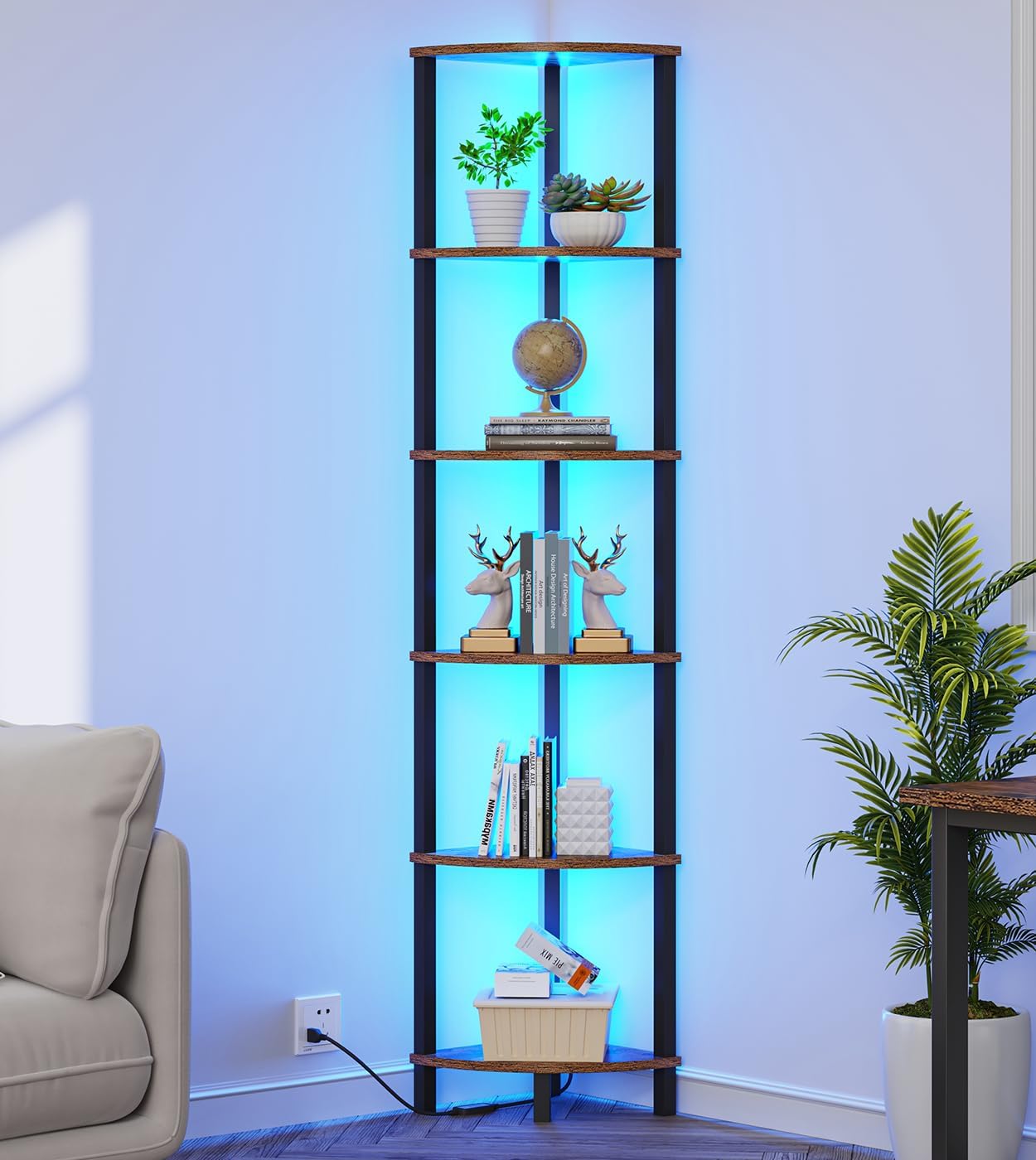 Estante esquinero 6 niveles con luz led rústico marrón y